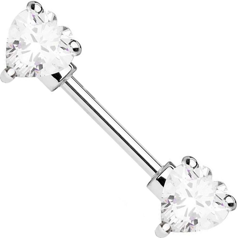 Double Heart CZ Nipple Bar 14G 9/16” 316L Steel Piercing Jewelry Single Bar